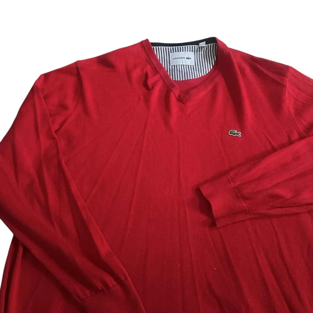 Lacoste Logo V-Neck Red Sweater Mens 4XL - Picture 3 of 6